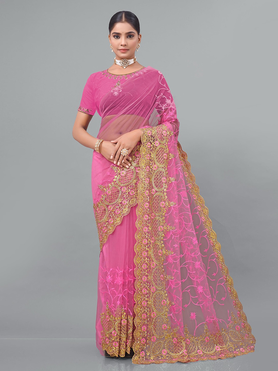 

KHRITI FAB Embellished Embroidered Supernet Saree, Pink