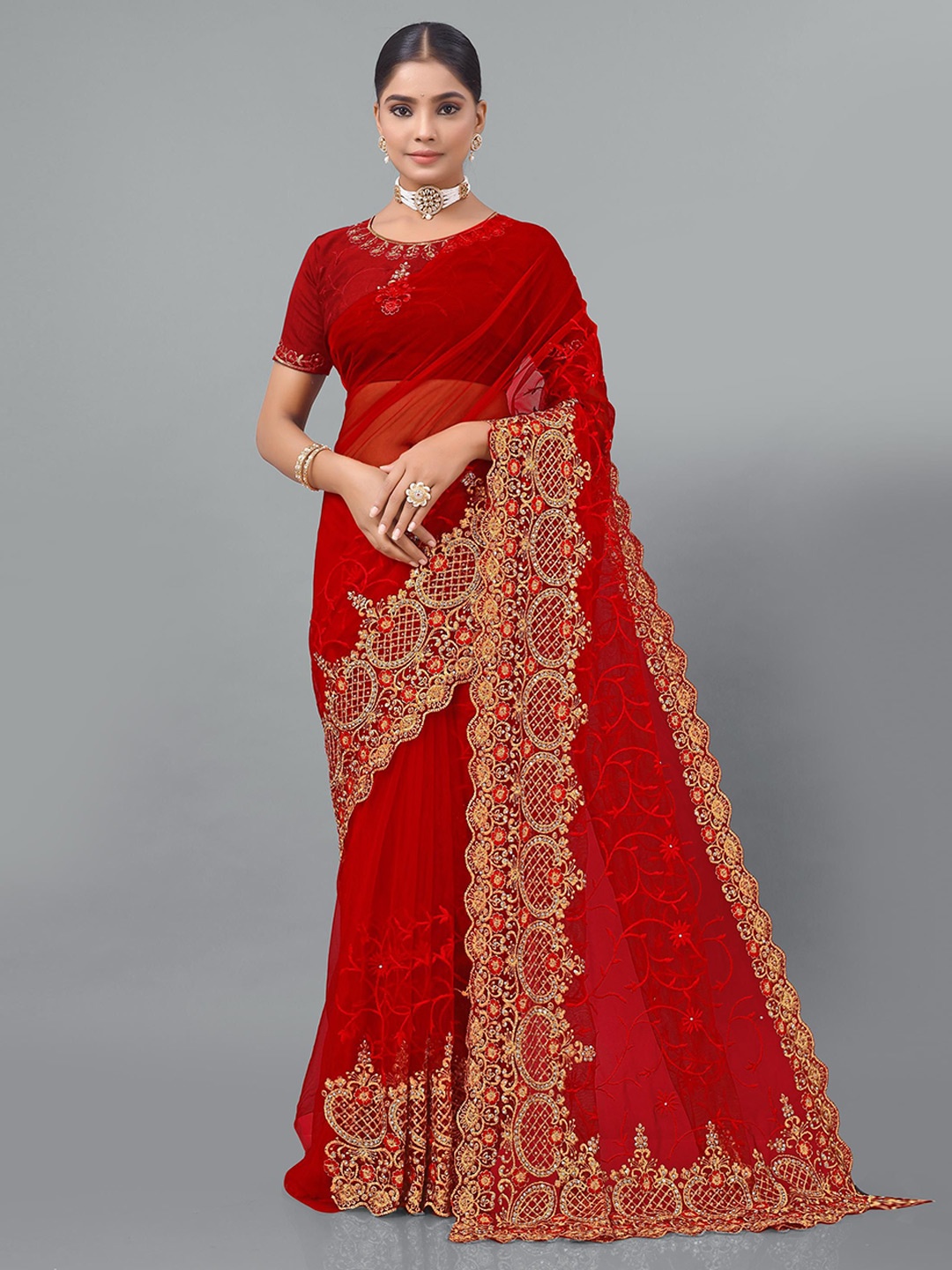

KHRITI FAB Floral Embroidered Supernet Saree, Red