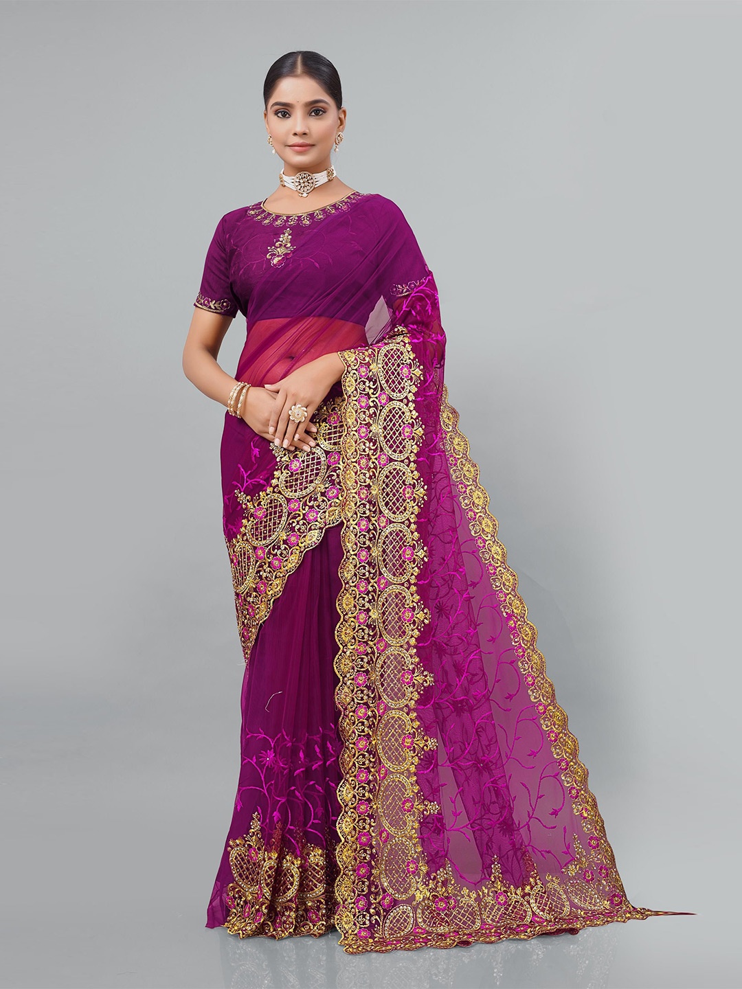 

KHRITI FAB Floral Embroidered Supernet Saree, Purple