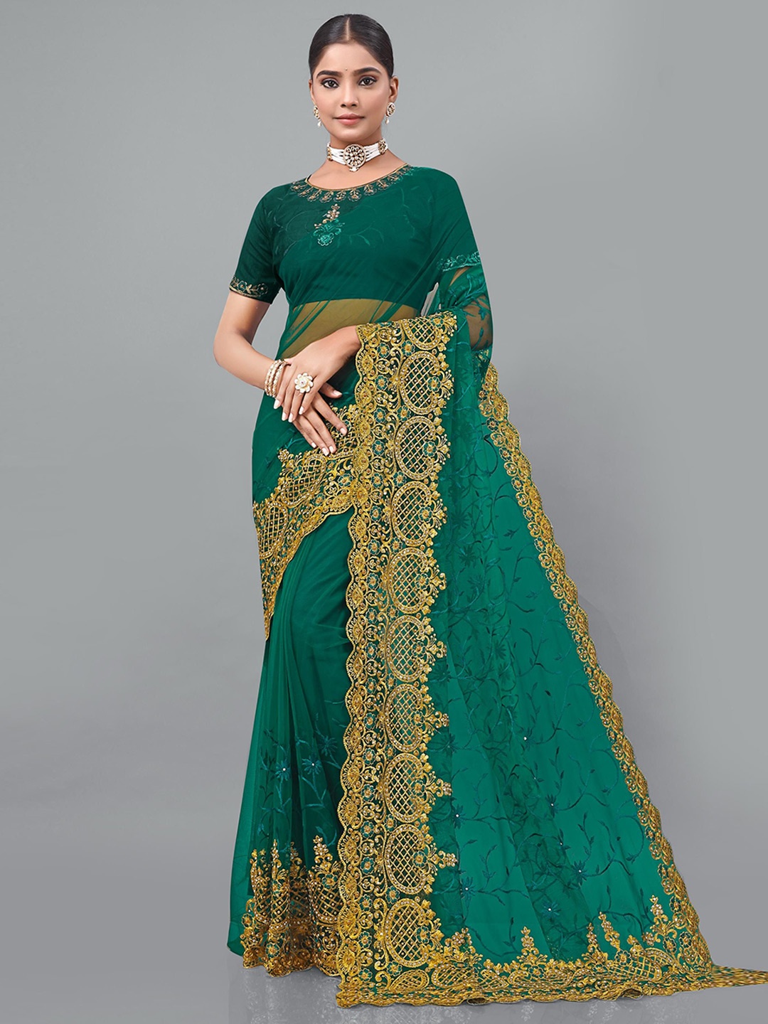 

KHRITI FAB Floral Beads and Stones Supernet Saree, Green