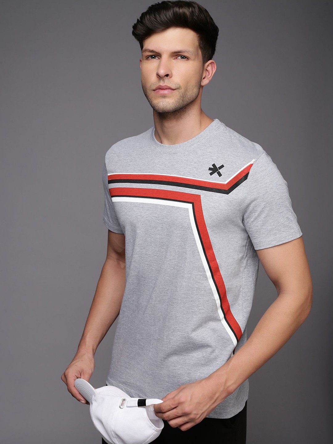 

HRX by Hrithik Roshan Men Striped Printed Round Neck T-shirt, Grey melange