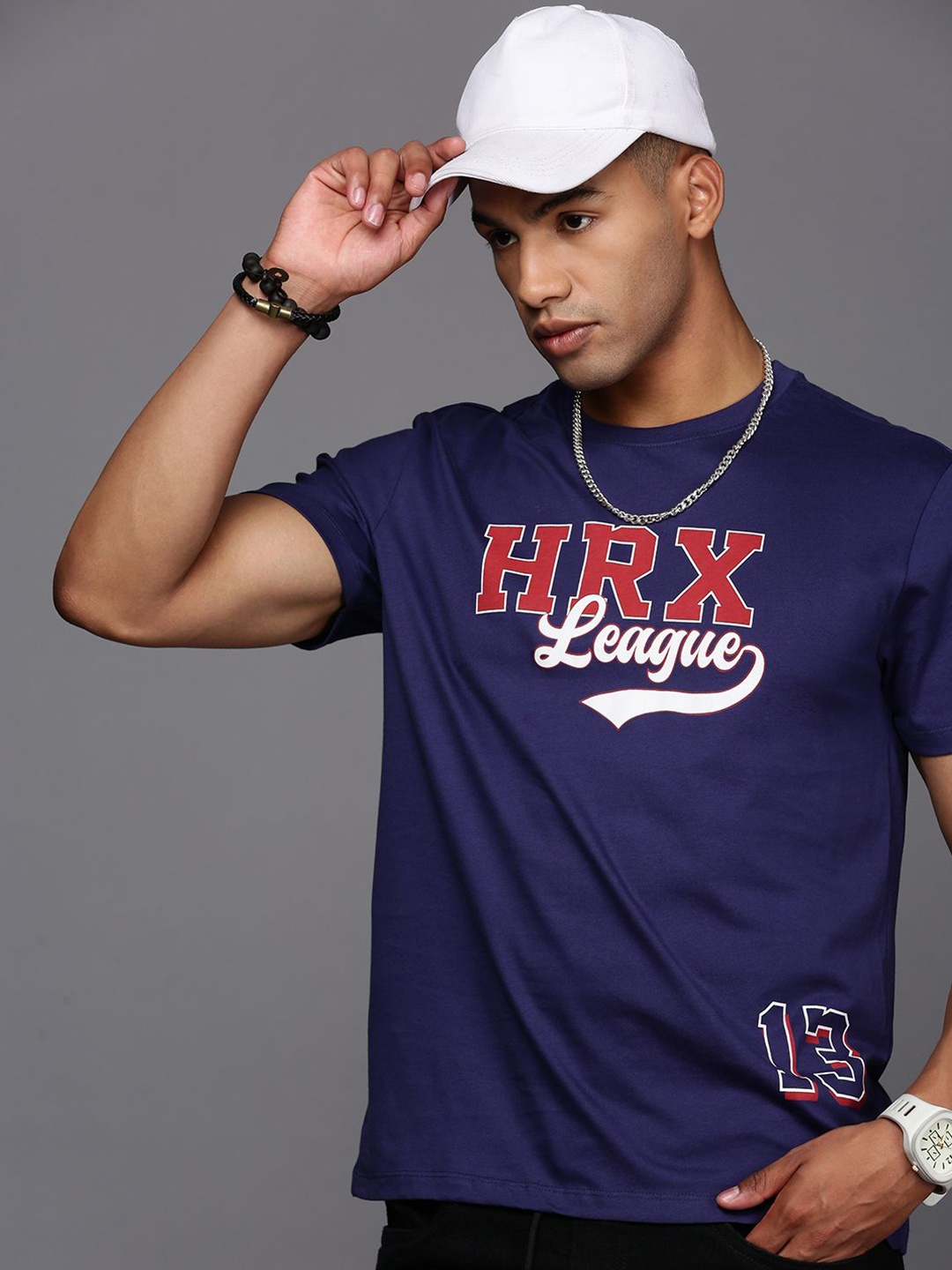 HRX by Hrithik Roshan Men Typography Printed Round Neck T-shirt, Navy blue