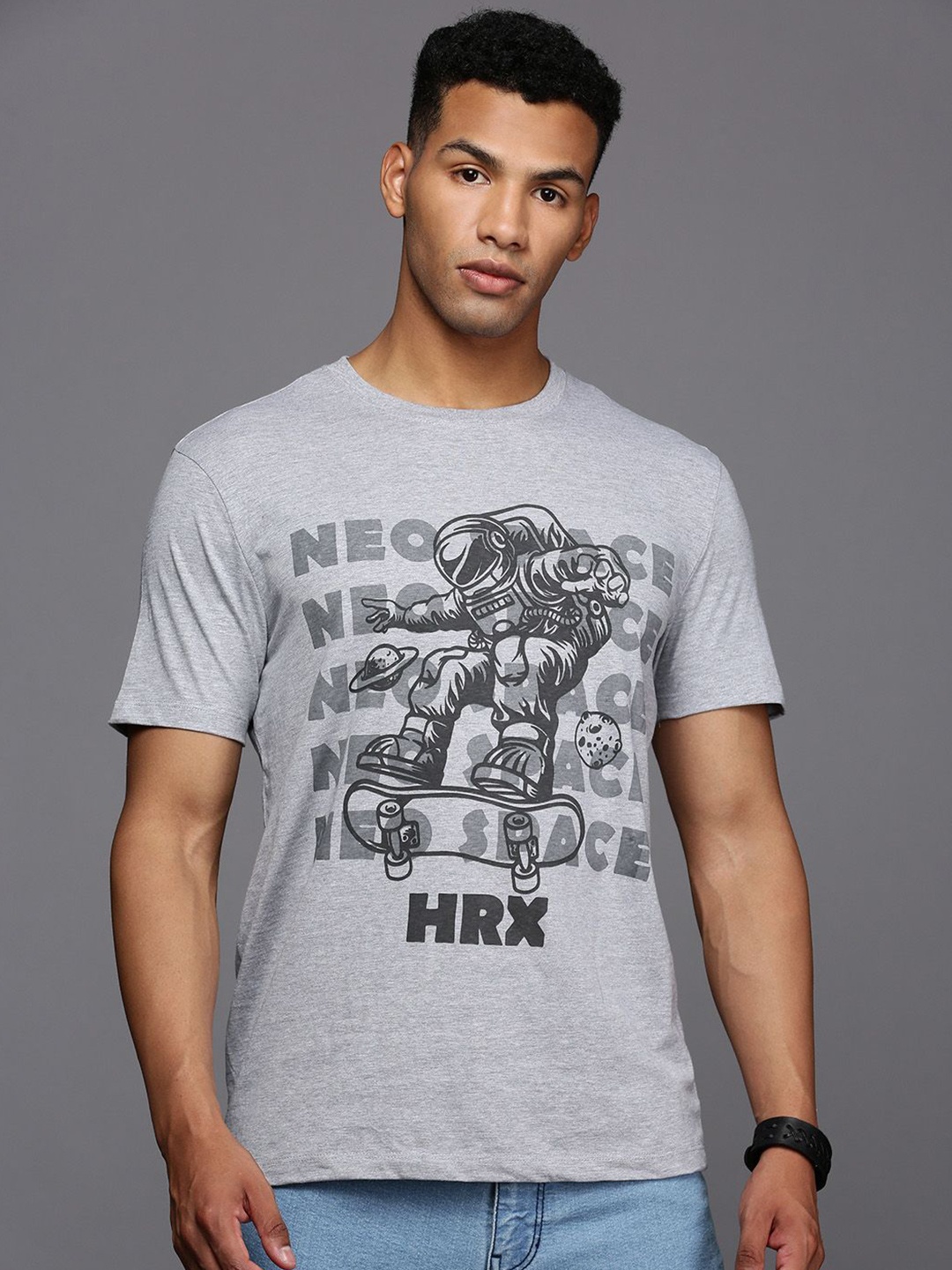 

HRX by Hrithik Roshan Men Graphic Printed Round Neck T-shirt, Grey melange