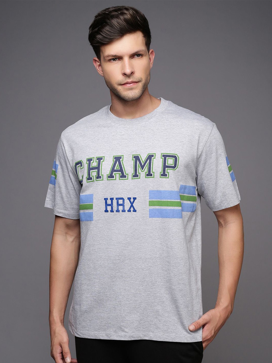 

HRX by Hrithik Roshan Men Typography Printed Round Neck T-shirt, Grey melange