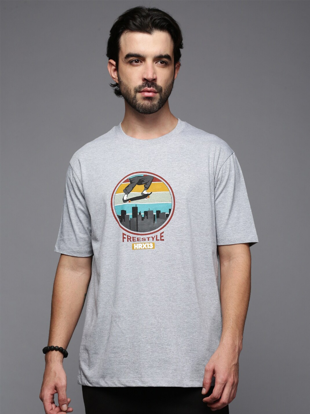 HRX by Hrithik Roshan Men Graphic Printed Round Neck T-shirt, Grey melange