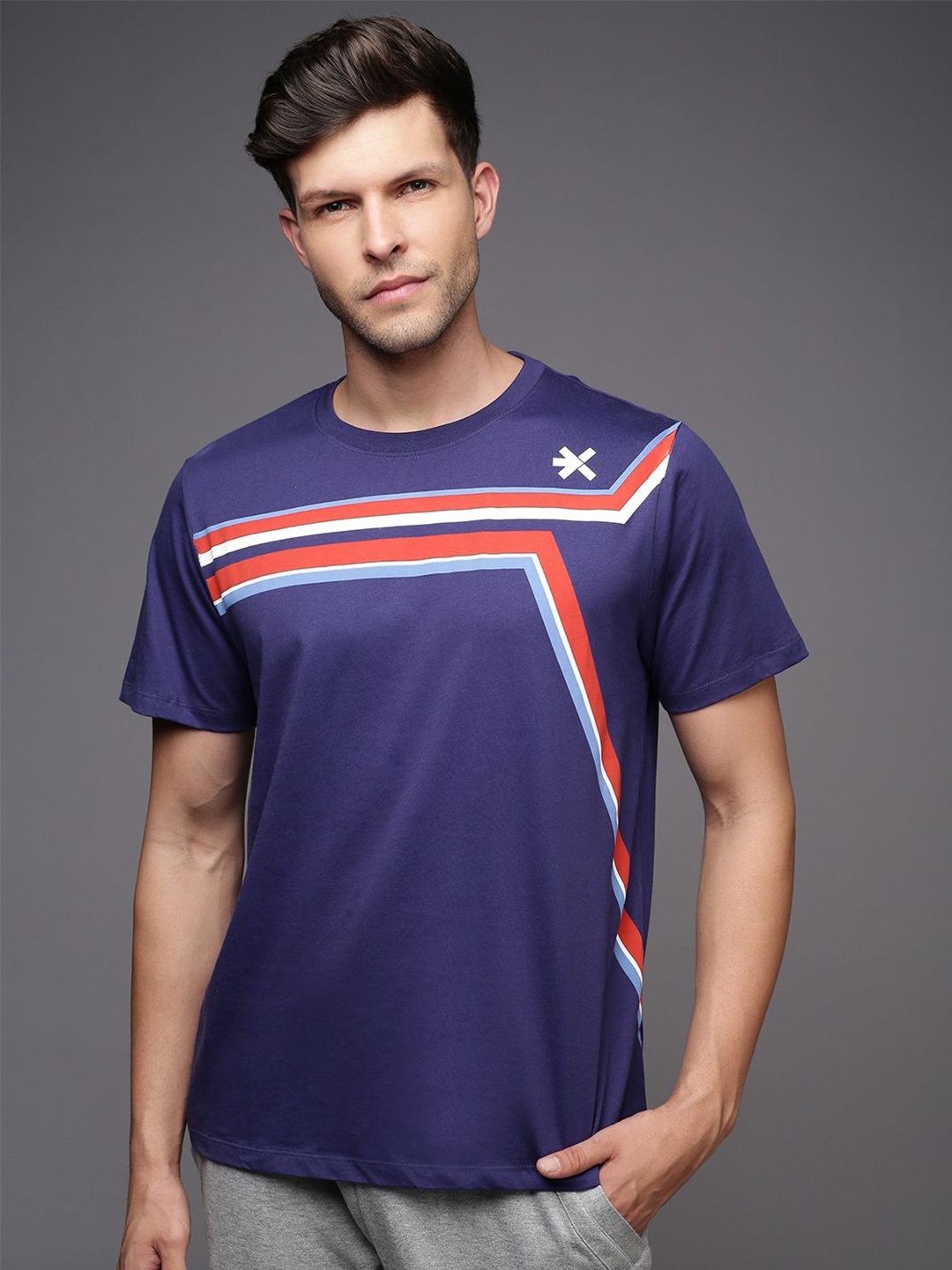 

HRX by Hrithik Roshan Men Striped Printed Round Neck T-shirt, Navy blue
