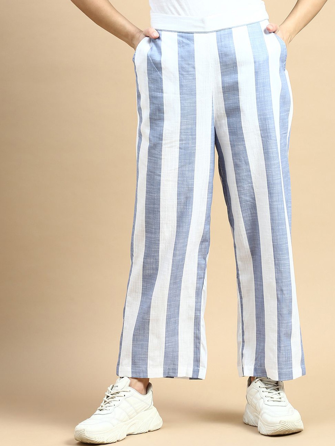 

De Moza Women Striped Trousers, Blue