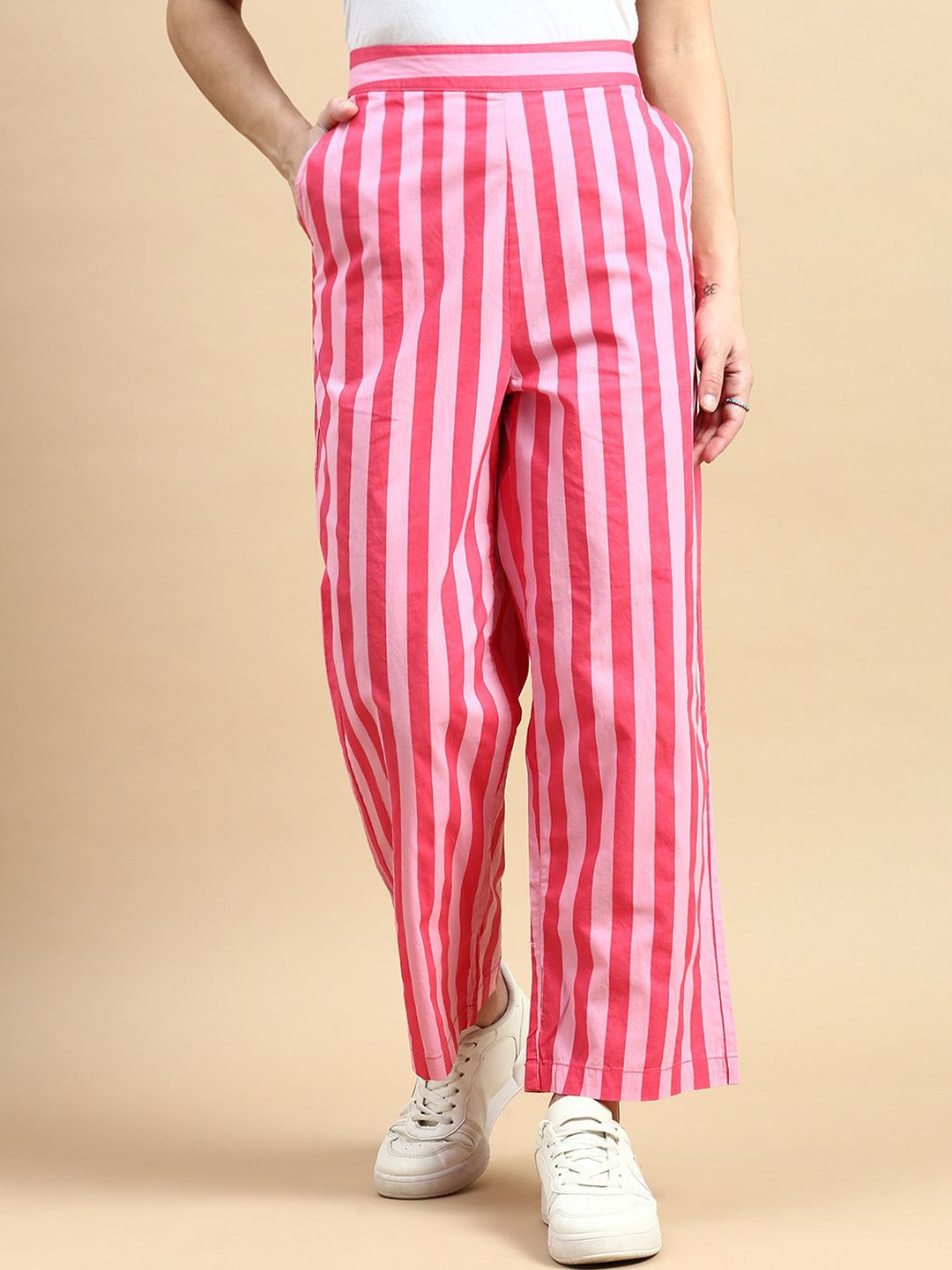 

De Moza Women Striped Trousers, Pink