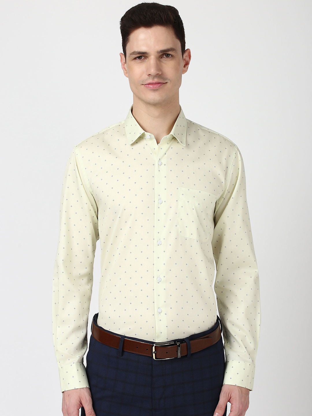 

Peter England Men Micro Ditsy Printed Slim Fit Floral Opaque Formal Shirt, Yellow