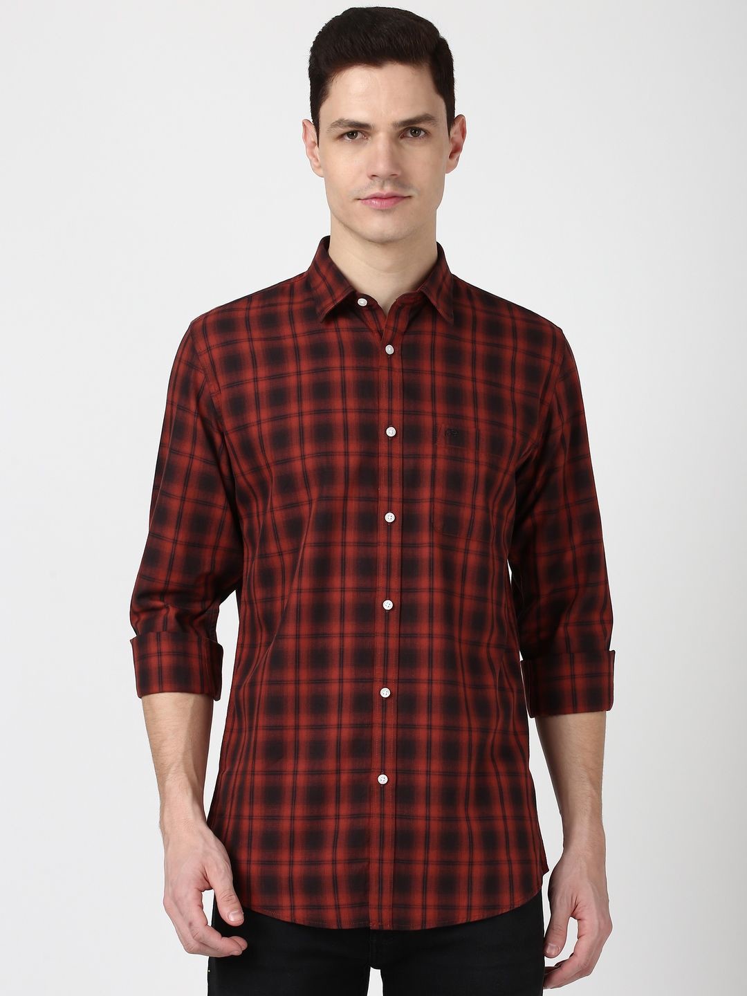 

Peter England Casuals Men Tartan Checks Checked Slim Fit Opaque Casual Shirt, Red
