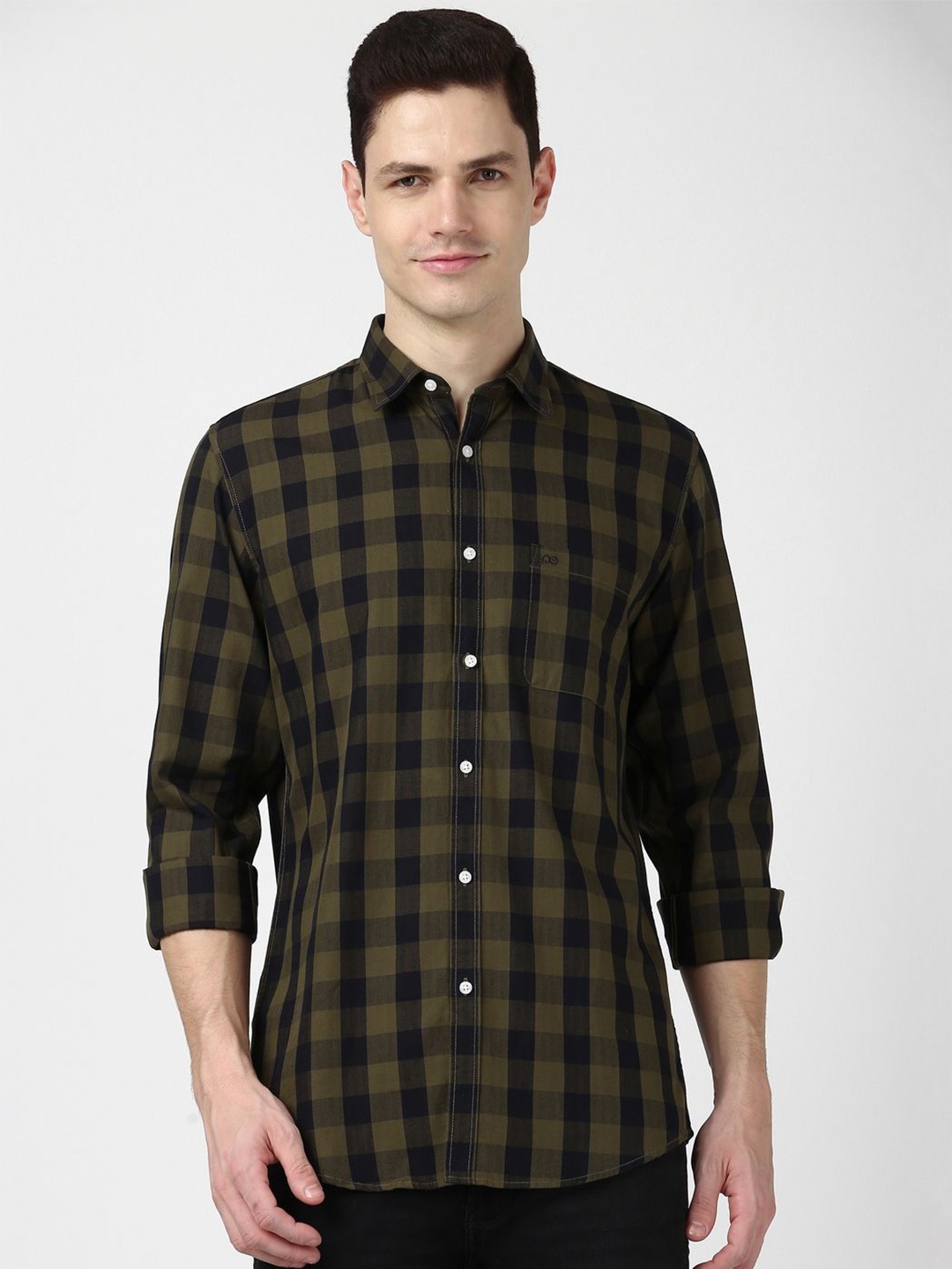 

Peter England Casuals Men Buffalo Checks Checked Slim Fit Opaque Casual Shirt, Olive