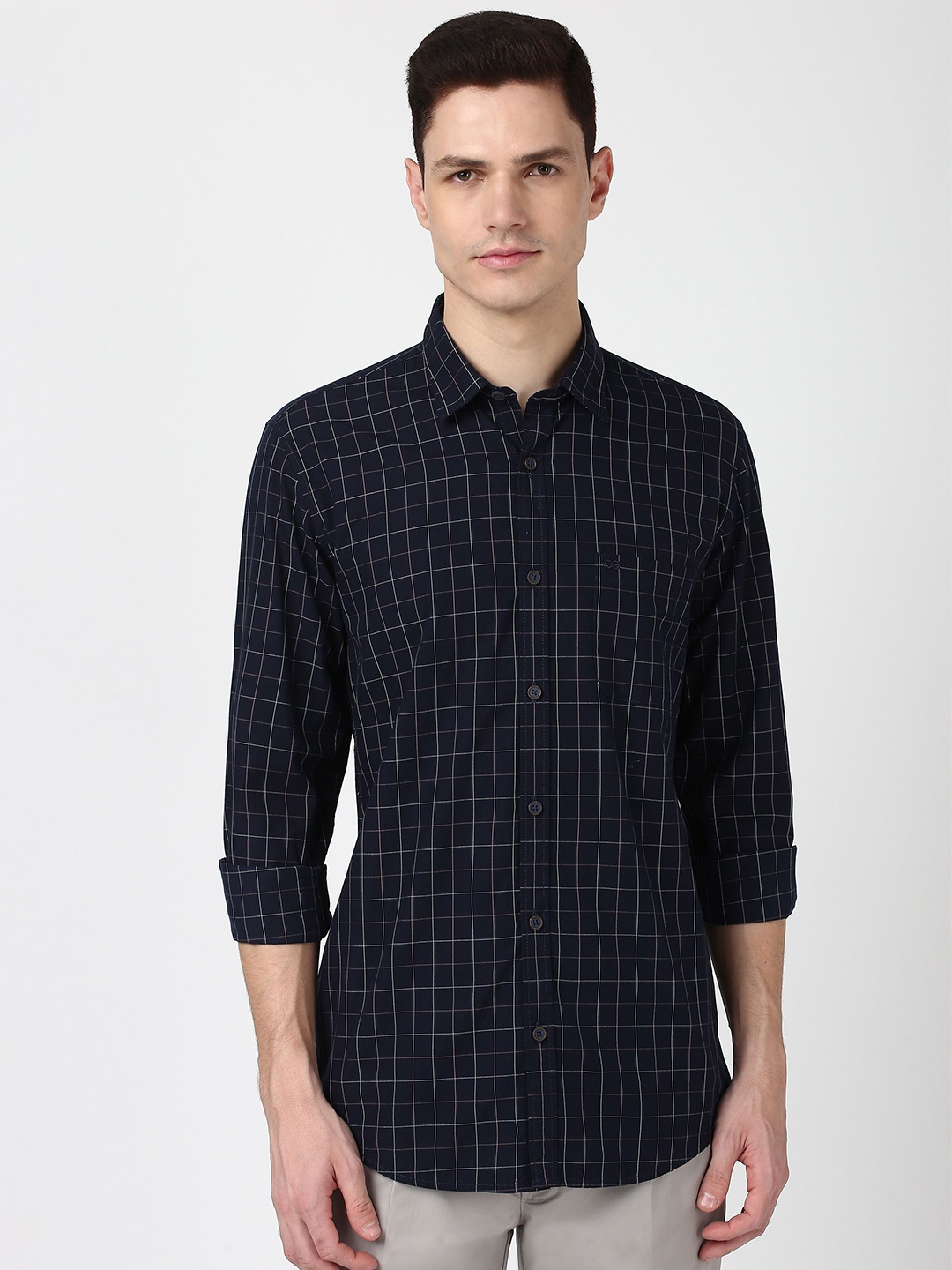 

Peter England Casuals Men Grid Tattersall Checks Checked Slim Fit Opaque Casual Shirt, Navy blue