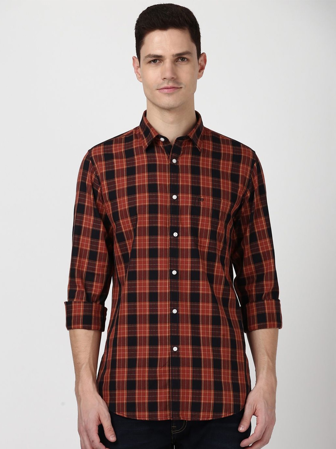 

Peter England Casuals Men Tartan Checks Checked Slim Fit Opaque Casual Shirt, Red