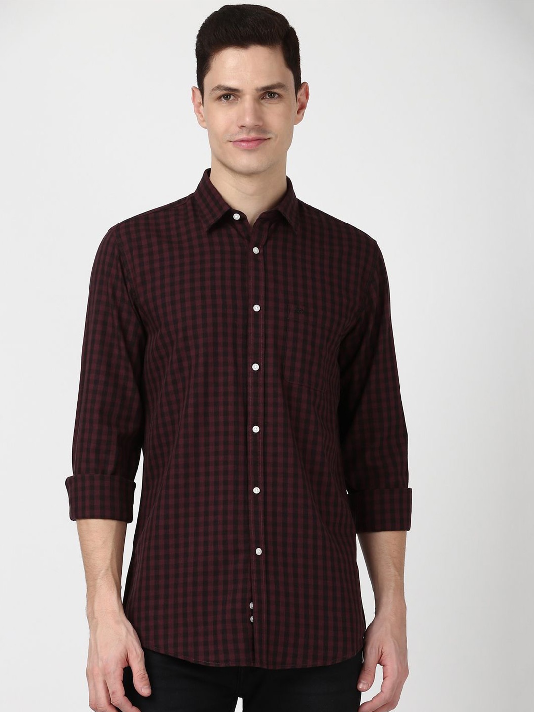 

Peter England Casuals Men Grid Tattersall Checks Checked Slim Fit Opaque Casual Shirt, Maroon