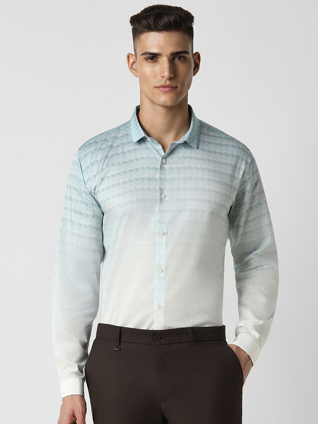 

V Dot Men Spread Collar Slim Fit Horizontal Stripes Striped Shirt, Blue