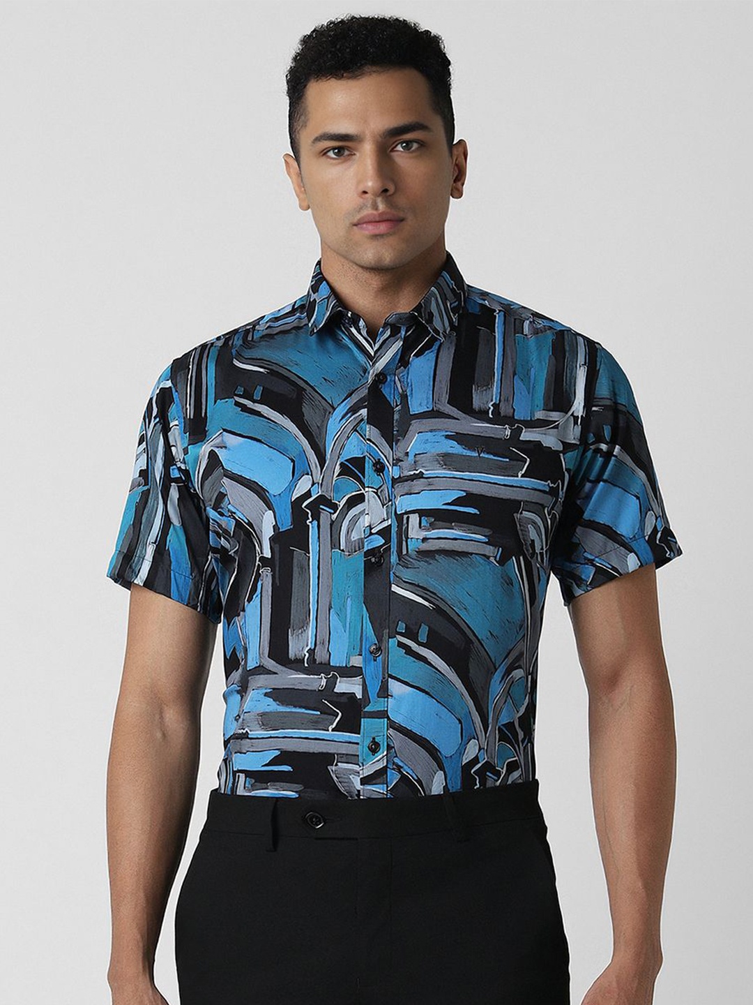 

V Dot Men Short Sleeves Slim Fit Floral Printed Shirt, Blue