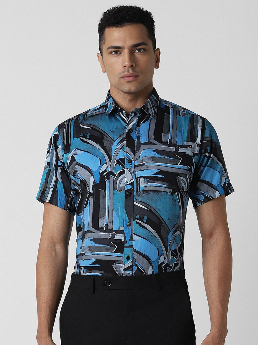 

V Dot Men Cotton Spread Collar Slim Fit Floral Printed Party Shirt, Blue