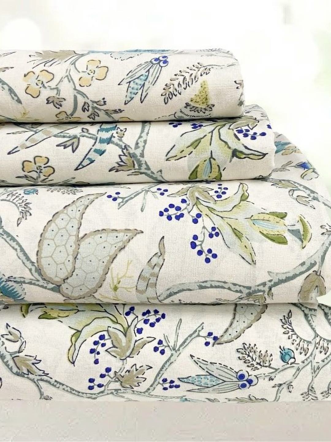 

SAJAVAT Blue 400 Ethnic Motifs TC King Bedsheet with 2 Pillow Covers, White