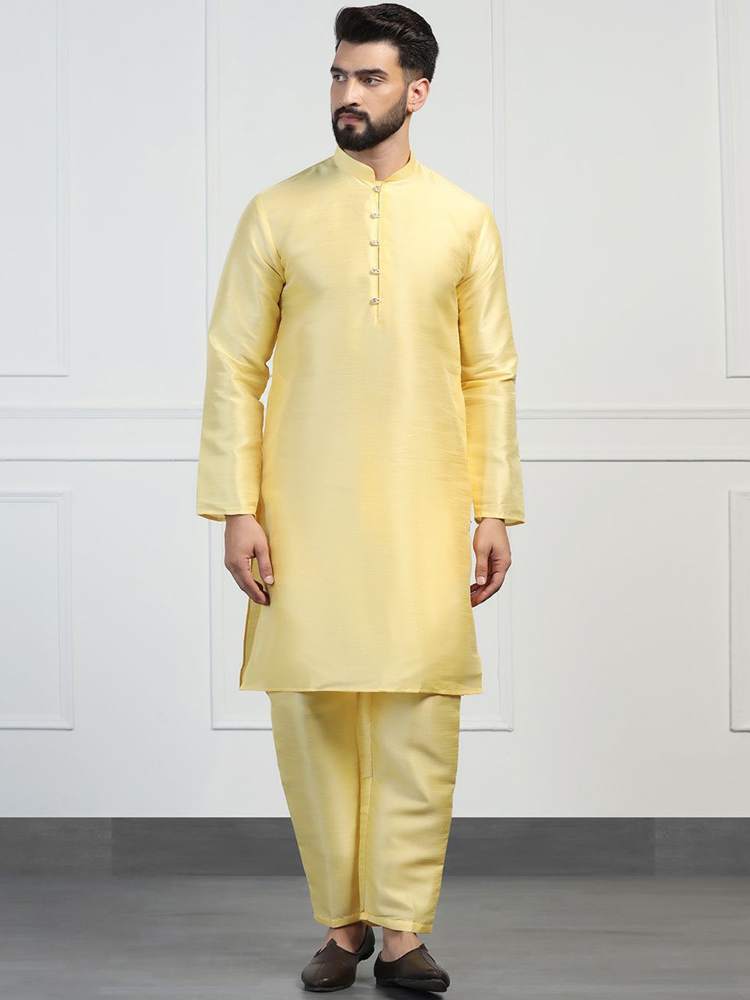 

TAHVO Mandarin Collar Dupion Silk Embroidered Kurta Sets, Yellow