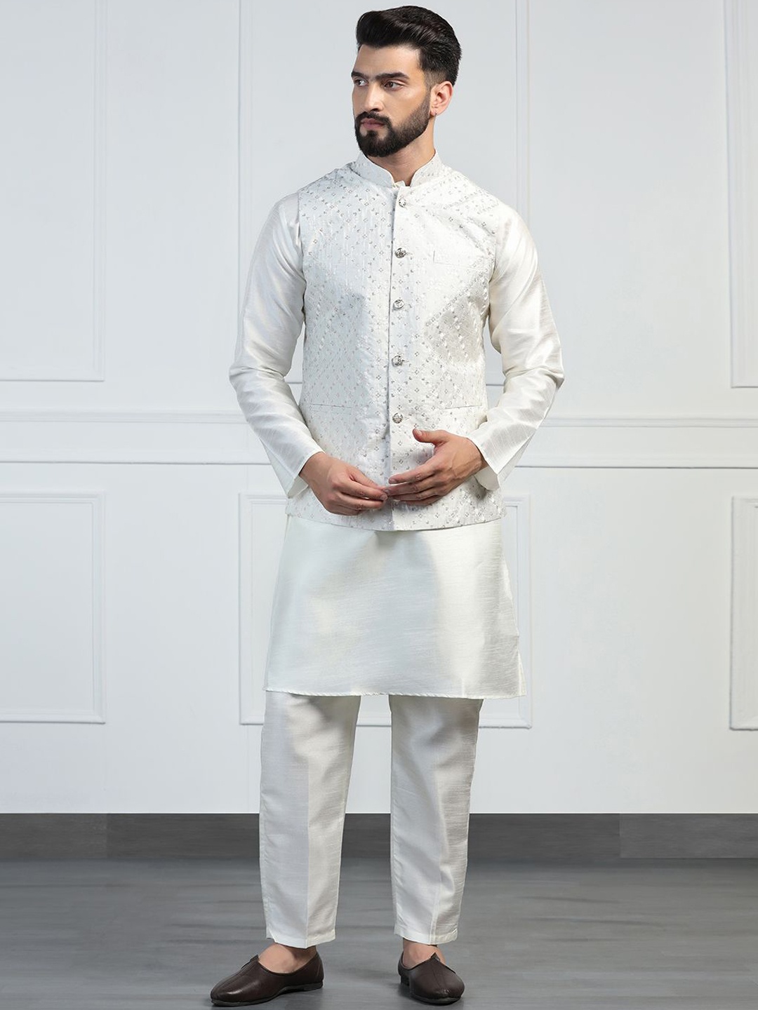 

TAHVO Mandarin Collar Dupion Silk Embroidered Kurta Sets, White