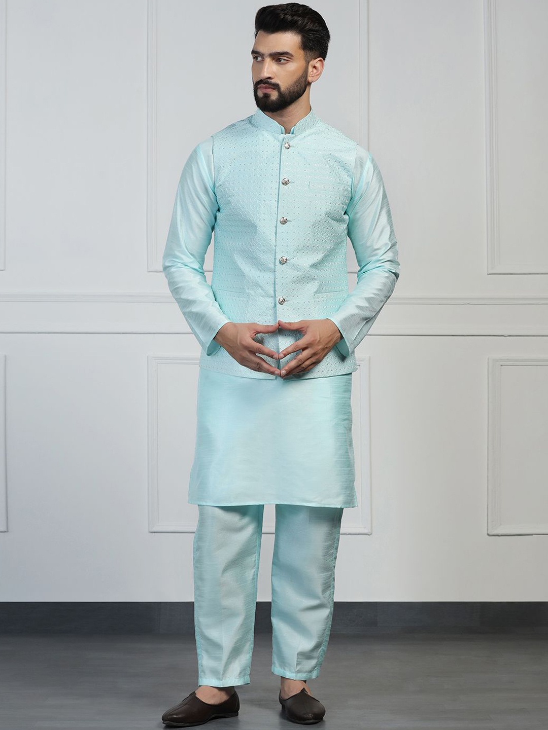 

TAHVO Mandarin Collar Dupion Silk Embroidered Kurta Sets, Turquoise blue