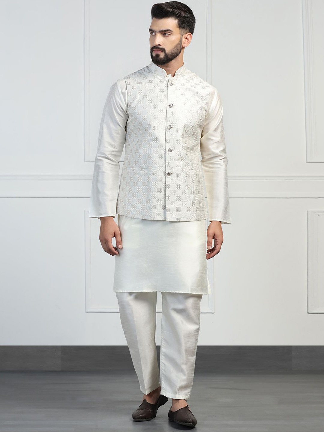 

TAHVO Mandarin Collar Solid Dupion Silk Straight Embroidered Kurta Sets, White