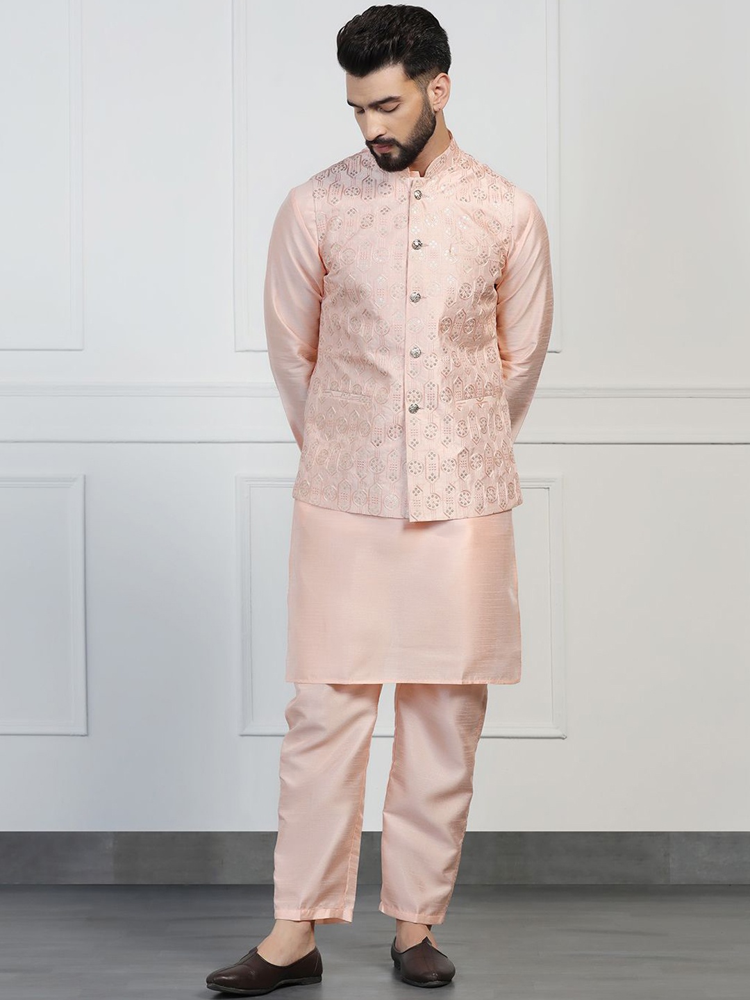 

TAHVO Mandarin Collar Solid Dupion Silk Straight Embroidered Kurta Sets, Peach