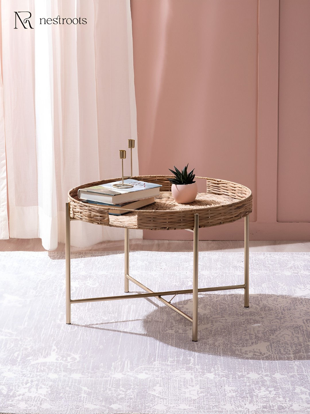 

nestroots Copper Wicker Metal Round Shape Side Table