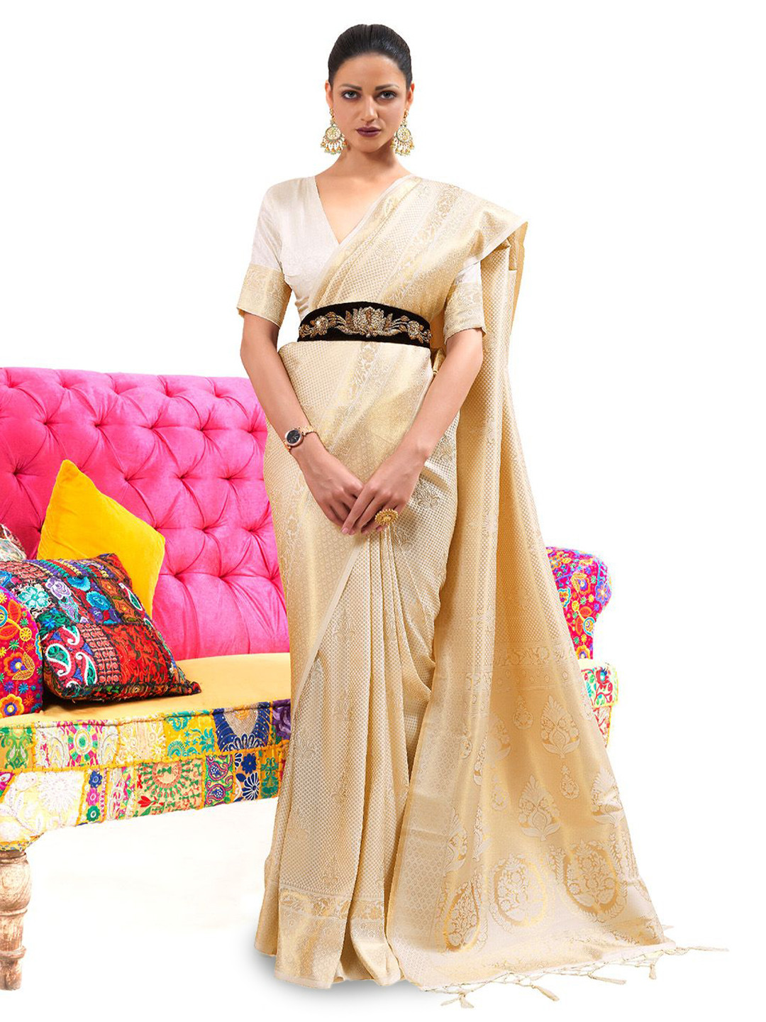 

Ishin Woven Design Zari Banarasi Saree, White