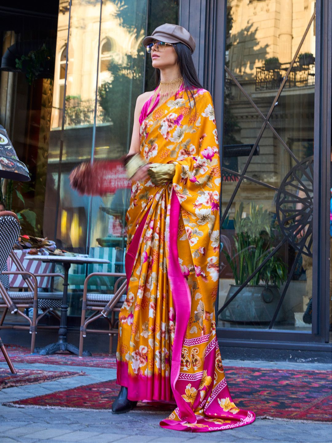 

Ishin Floral Satin Saree With Blouse Piece, Yellow