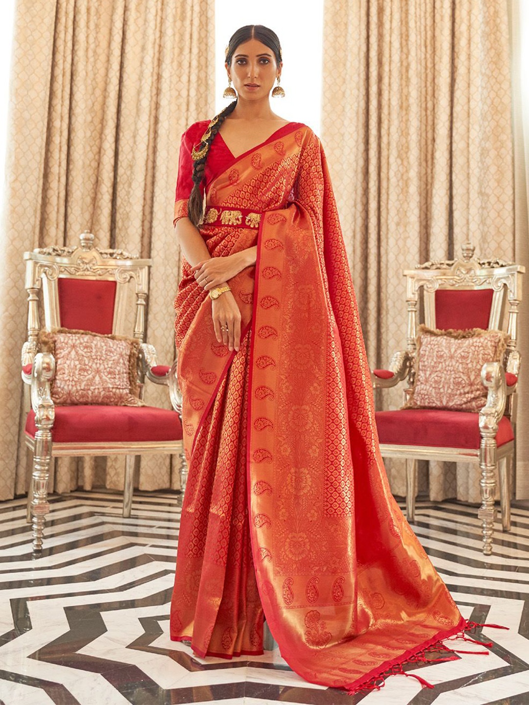 

Ishin Woven Design Zari Banarasi Saree, Red