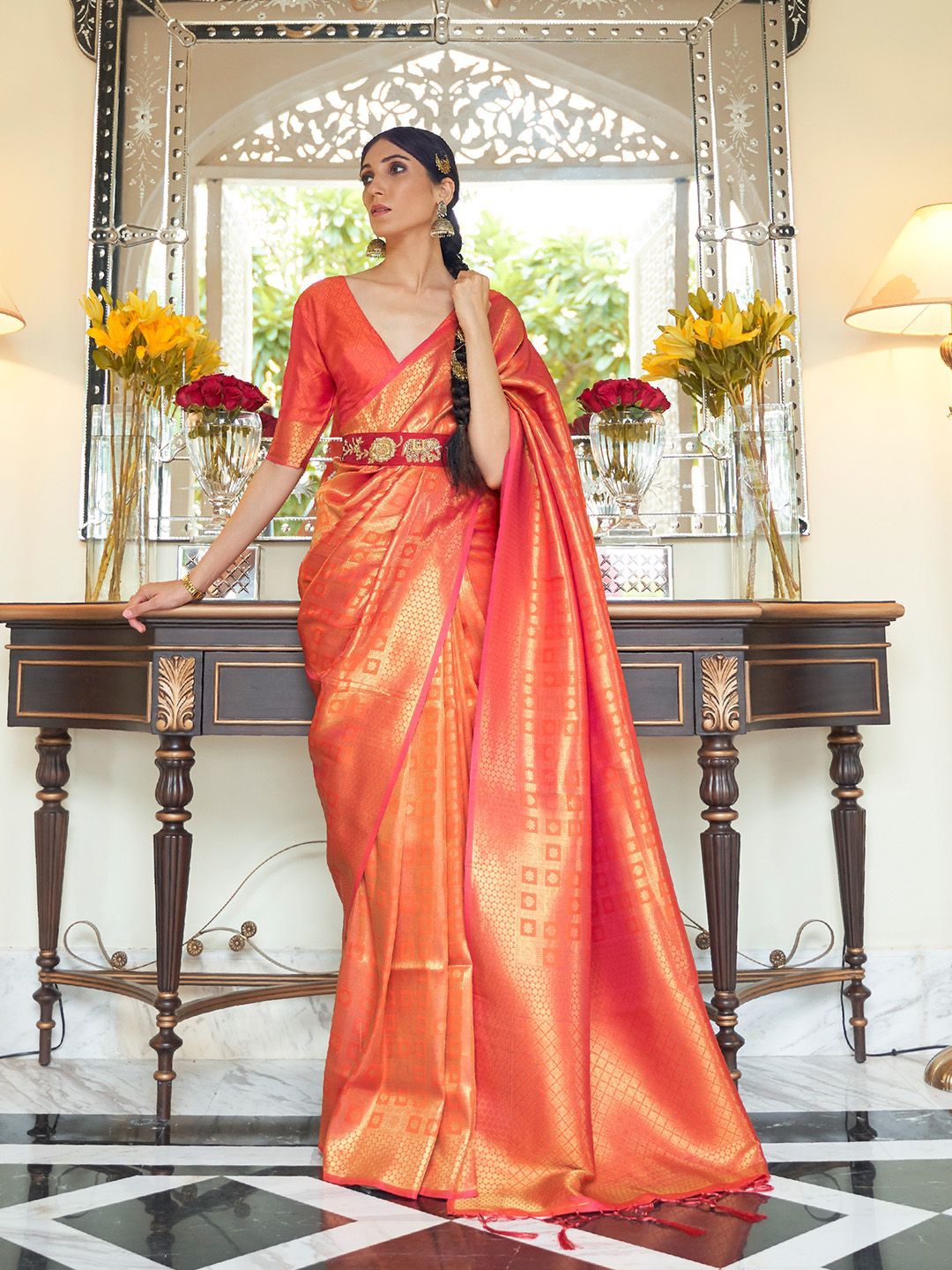 

Ishin Woven Design Zari Banarasi Saree, Orange