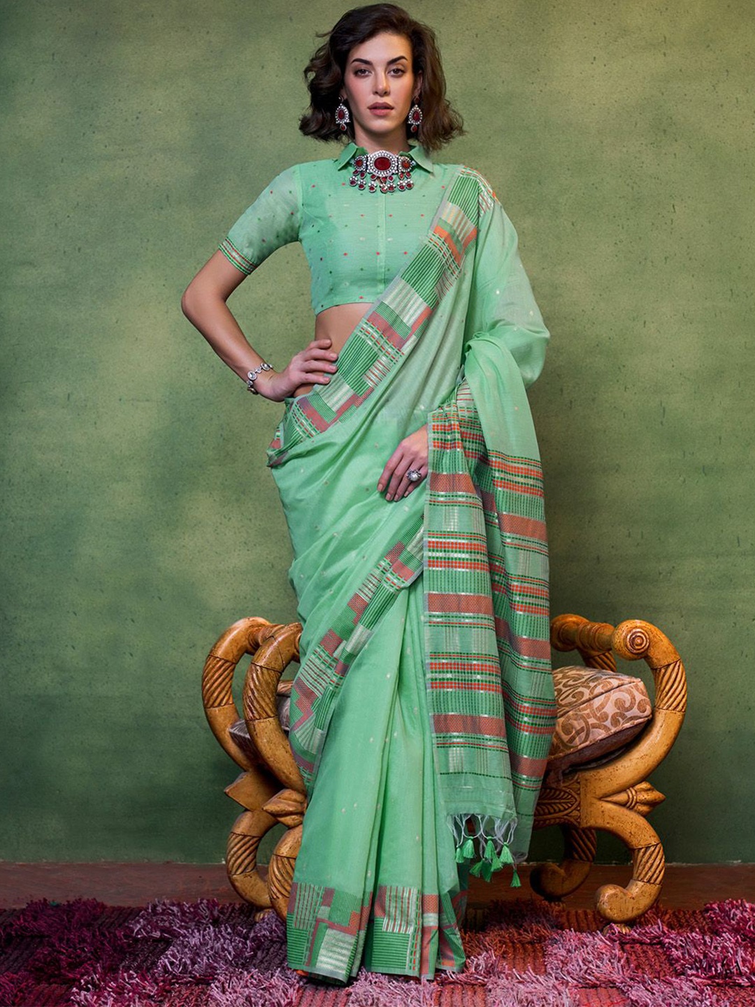 

Ishin Woven Design Zari Banarasi Saree, Green