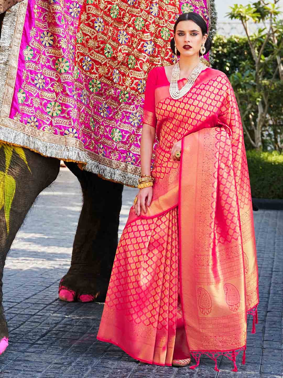 

Ishin Ethnic Motifs Woven Design Zari Banarasi Saree, Pink