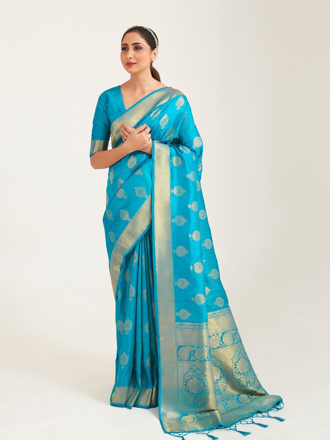 

Ishin Woven Design Zari Banarasi Saree, Turquoise blue