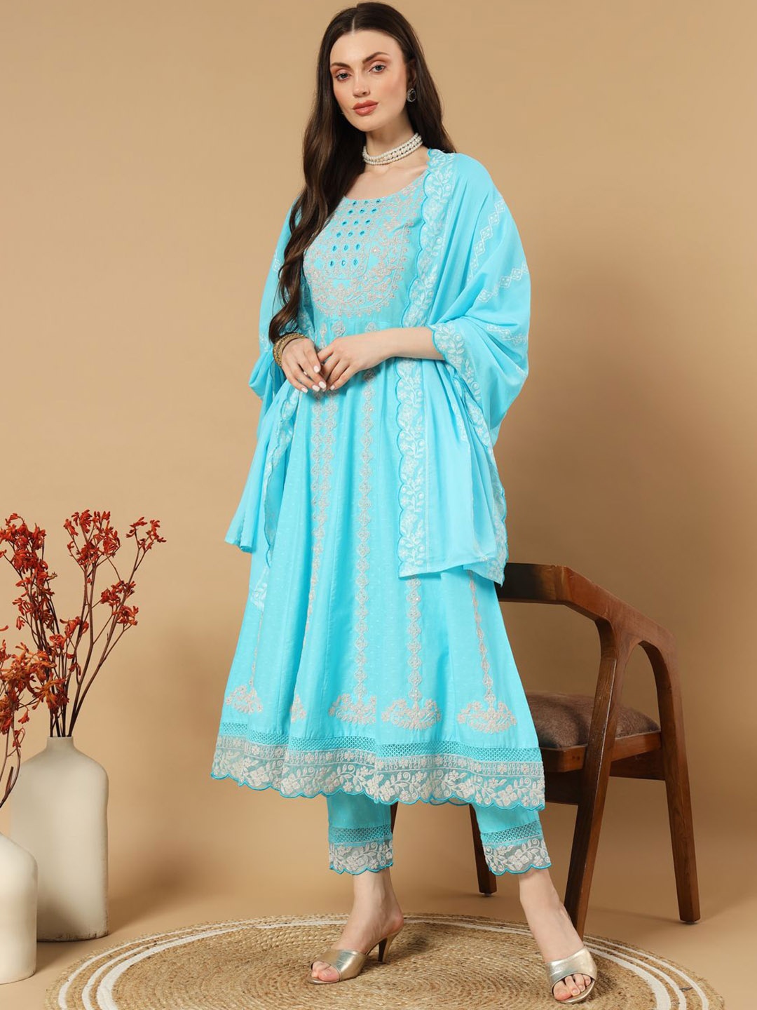 

IkDaiya Women Ethnic Motifs Embroidered Regular Pure Cotton Kurta with Trousers & Dupatta, Blue