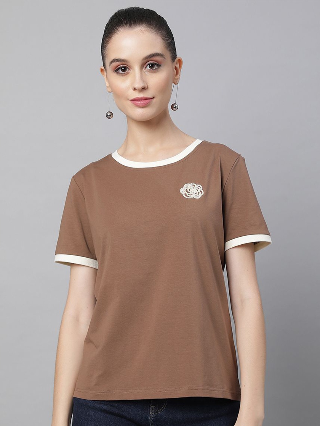 

Global Republic Solid Embroidered Round Neck Top, Brown