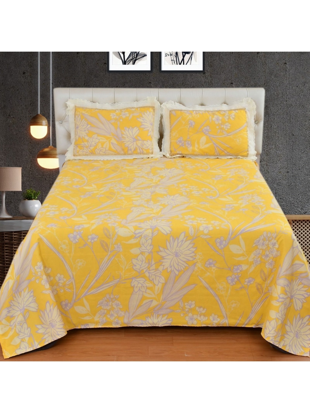 

BELVOSTUM Yellow & Grey Floral 250 TC King Bedsheet with 2 Pillow Covers