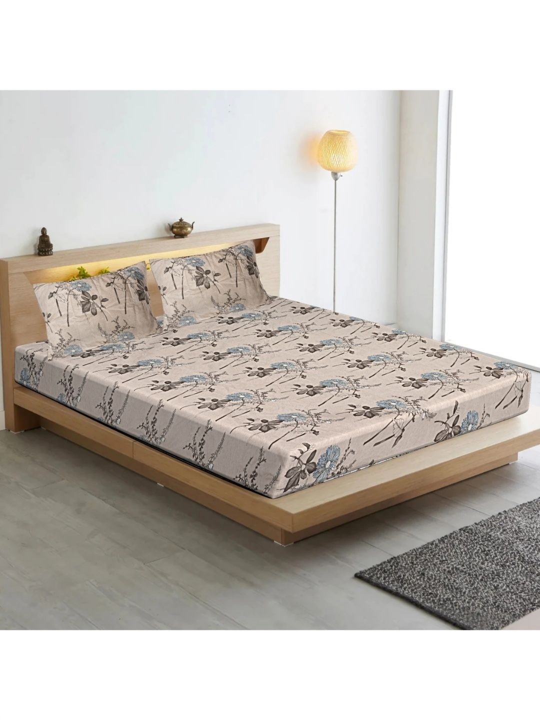 

INDHOME LIFE Grey & Blue Floral 210 TC King Bedsheet with 2 Pillow Covers