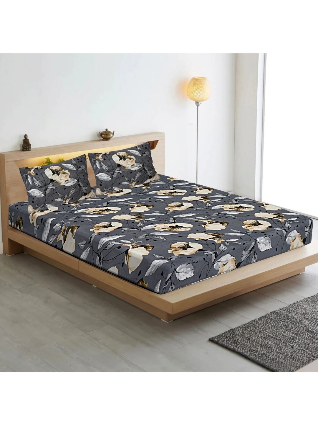 

INDHOME LIFE Grey & White Floral 210 TC King Bedsheet with 2 Pillow Covers
