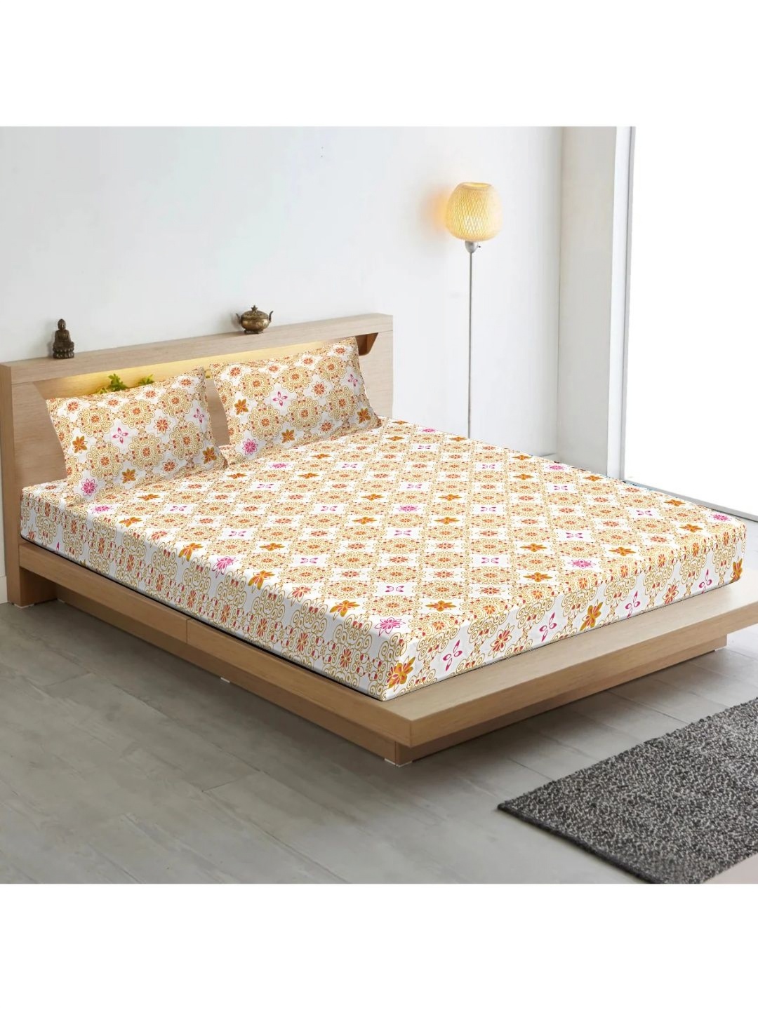 INDHOME LIFE White & Yellow Floral 210 TC King Bedsheet with 2 Pillow Covers