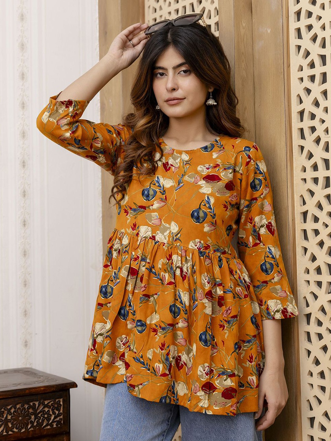 

Nayo Floral Printed Round Neck Tunic, Mustard