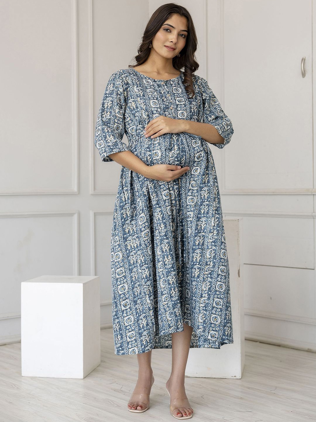 

Nayo Floral Print Maternity A-Line Midi Dress, Teal