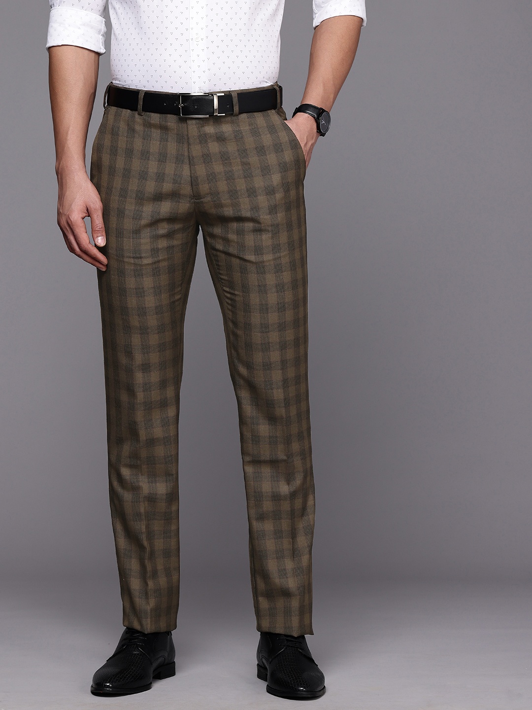 

Raymond Men Checked Slim Fit Formal Trousers, Brown