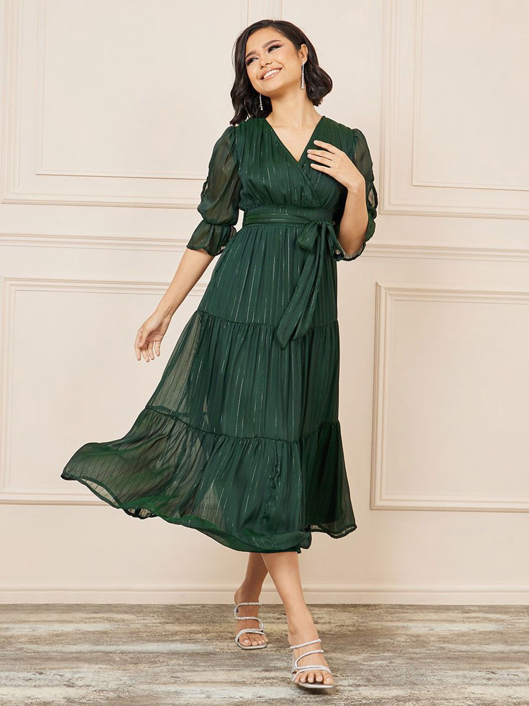 

Styli Lurex Striped Chiffon Tiered Midi Tie Up Dress, Green