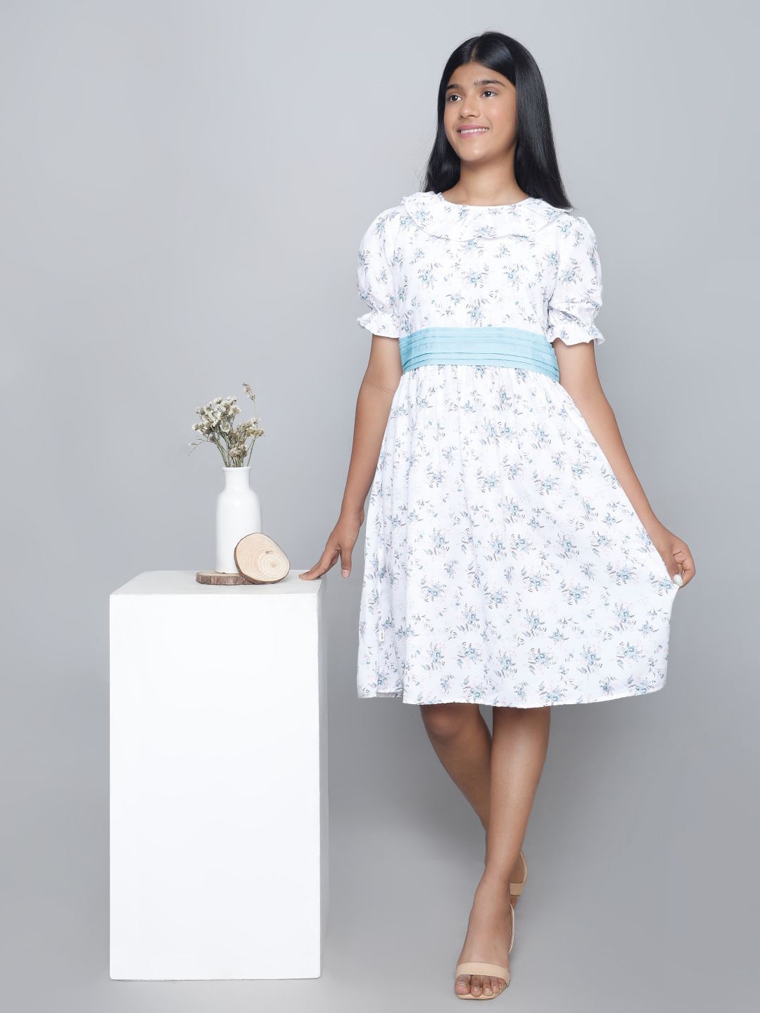 

BAESD Floral Print Puff Sleeve Cotton Fit & Flare Dress, White