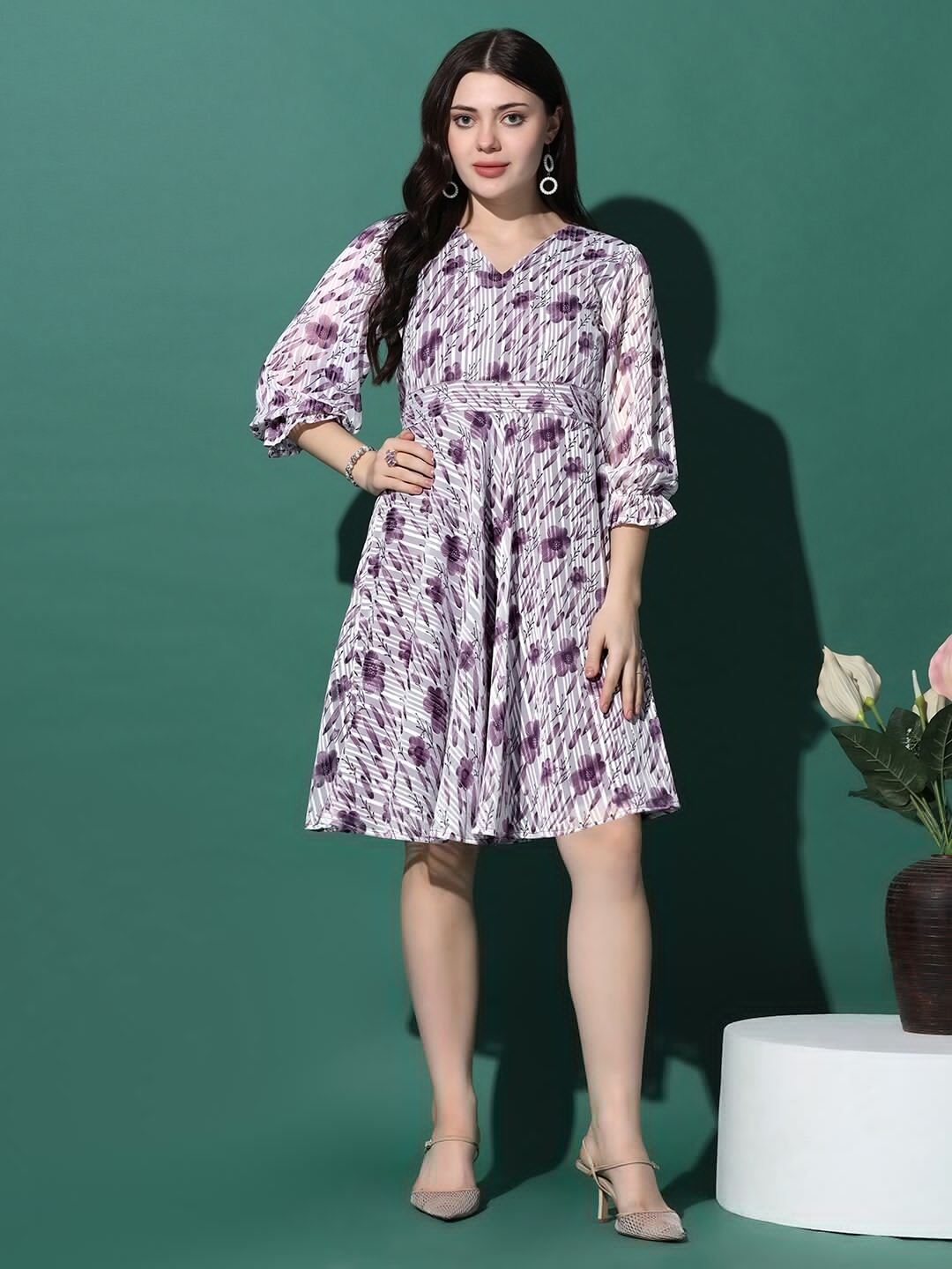 

FASHION DREAM Floral Print Georgette Fit & Flare Dress, Purple