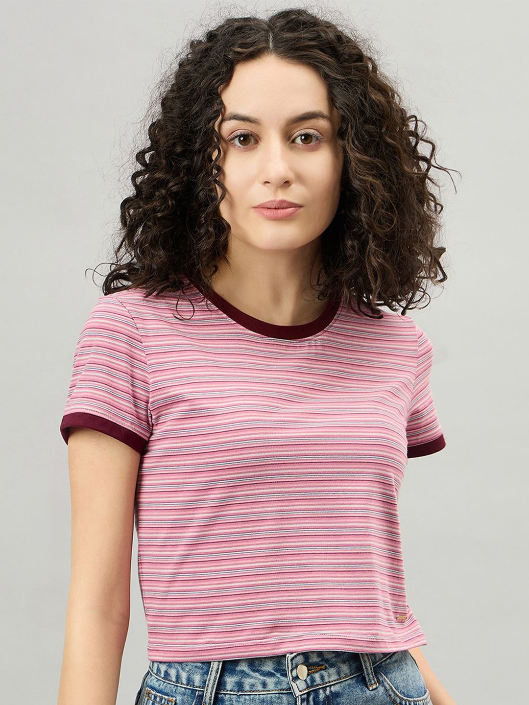 

FEMEA Striped Pattern Round Neck Cotton Top, Pink