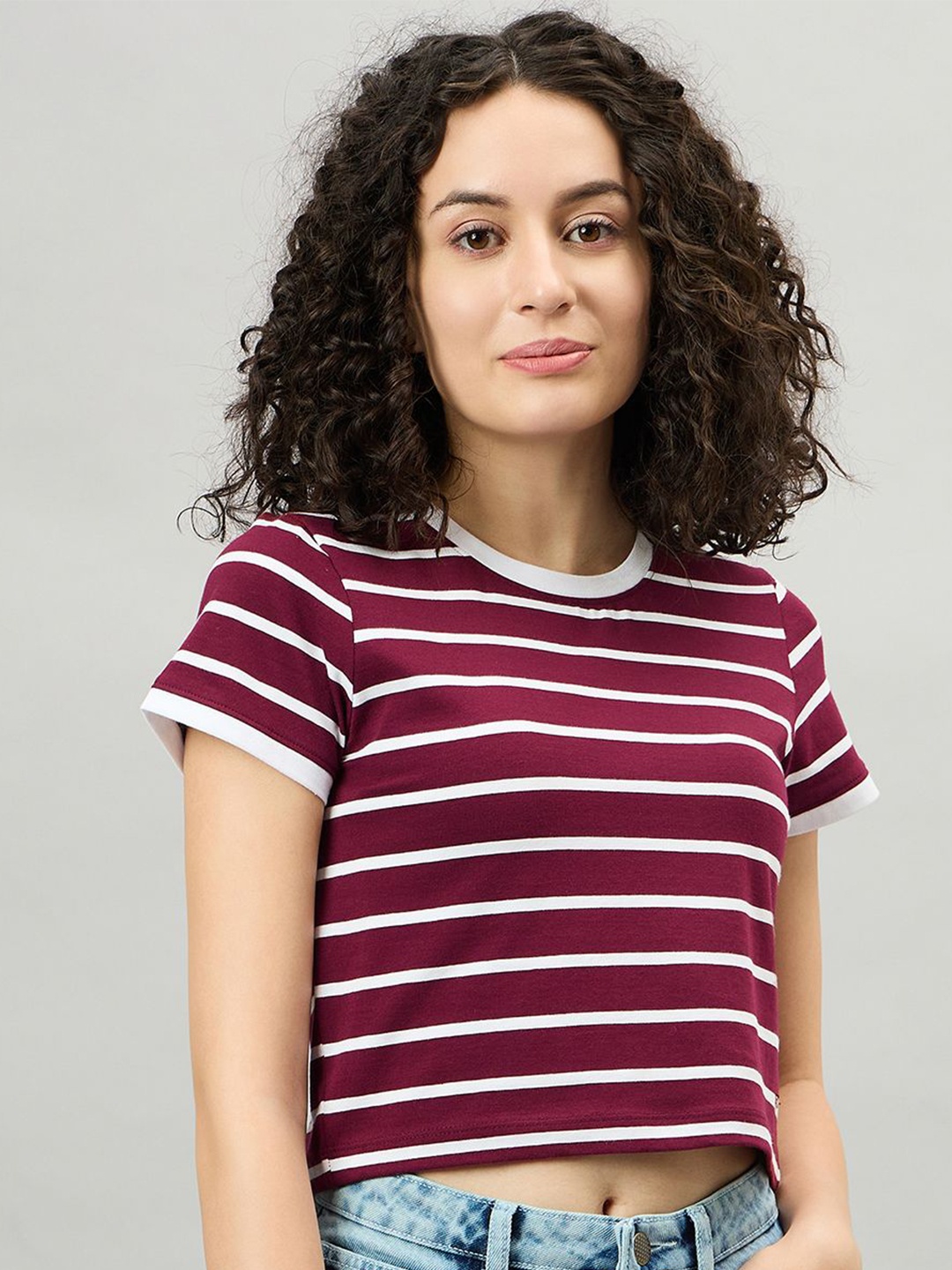 

FEMEA Striped Round Neck Cotton Crop Top, Maroon