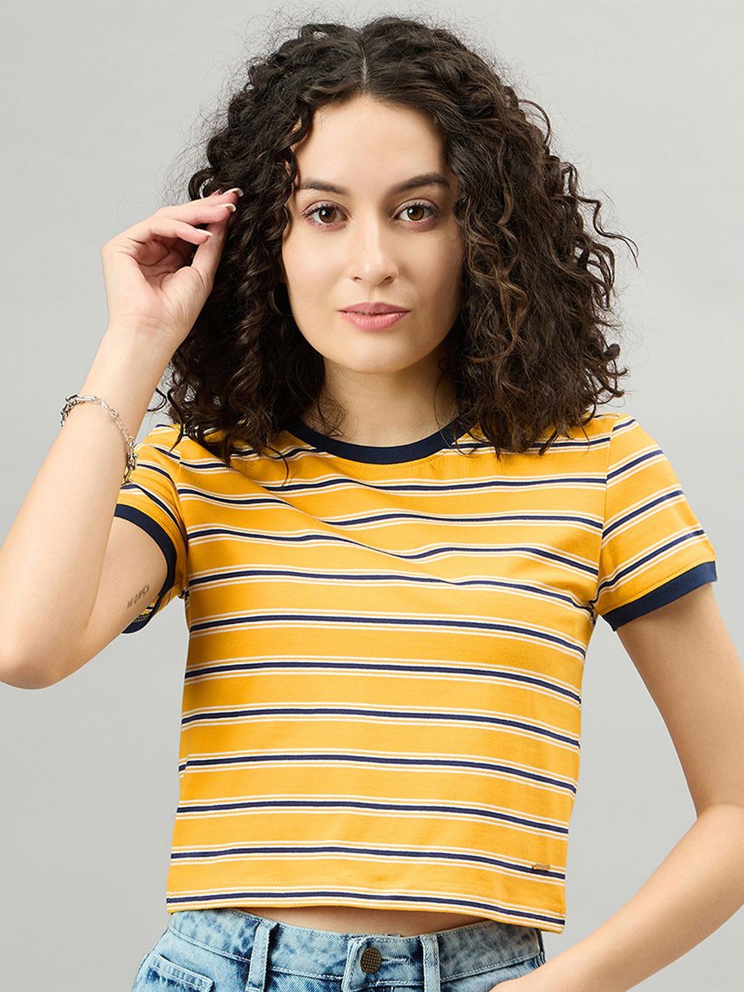 

FEMEA Striped Pattern Round Neck Cotton Top, Yellow